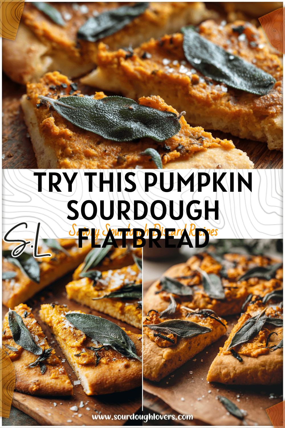 Flatbread topped with pumpkin puree, sage leaves, and sea salt on a baking board